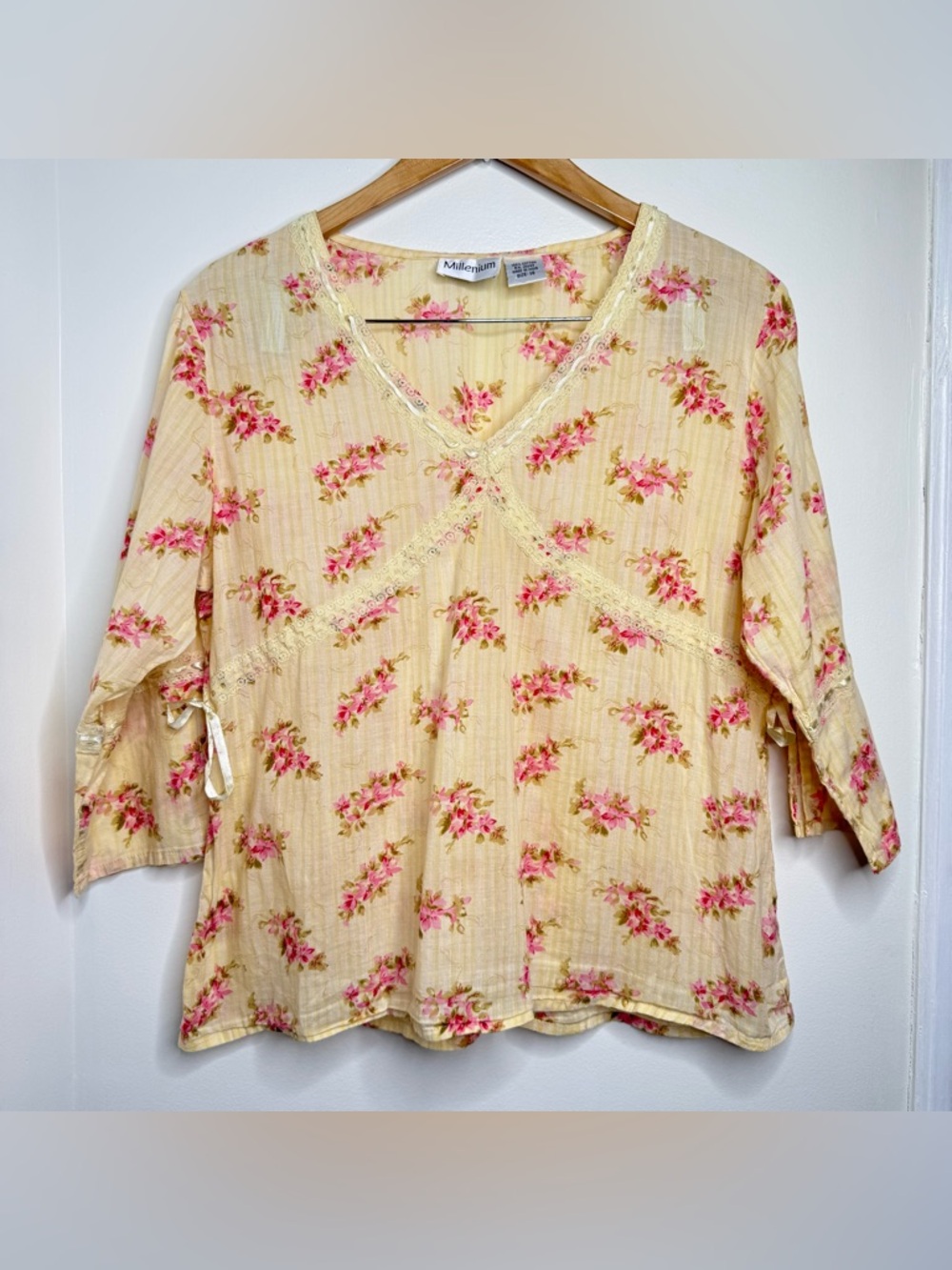 VTG Boho Peasant Blouse Floral Women’s Size 16 Lightweight Cotton V Neck Beachy